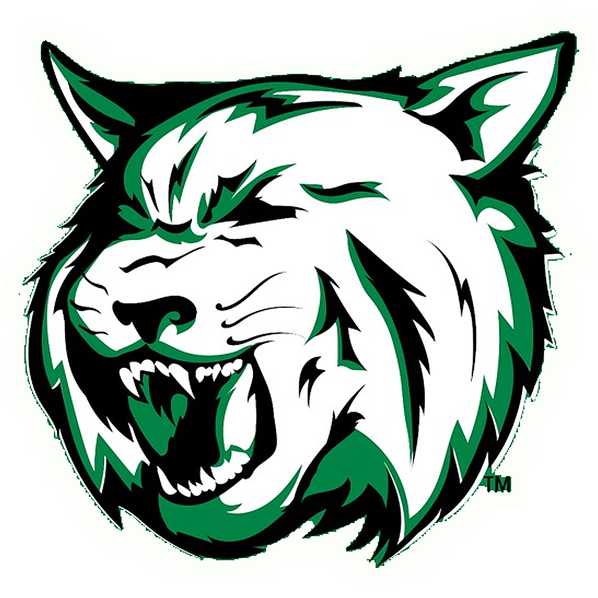 Fierce roaring bobcat logo in green and white.