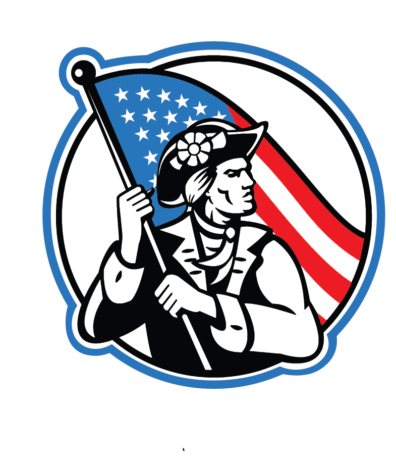 Patriot holding American flag illustration.